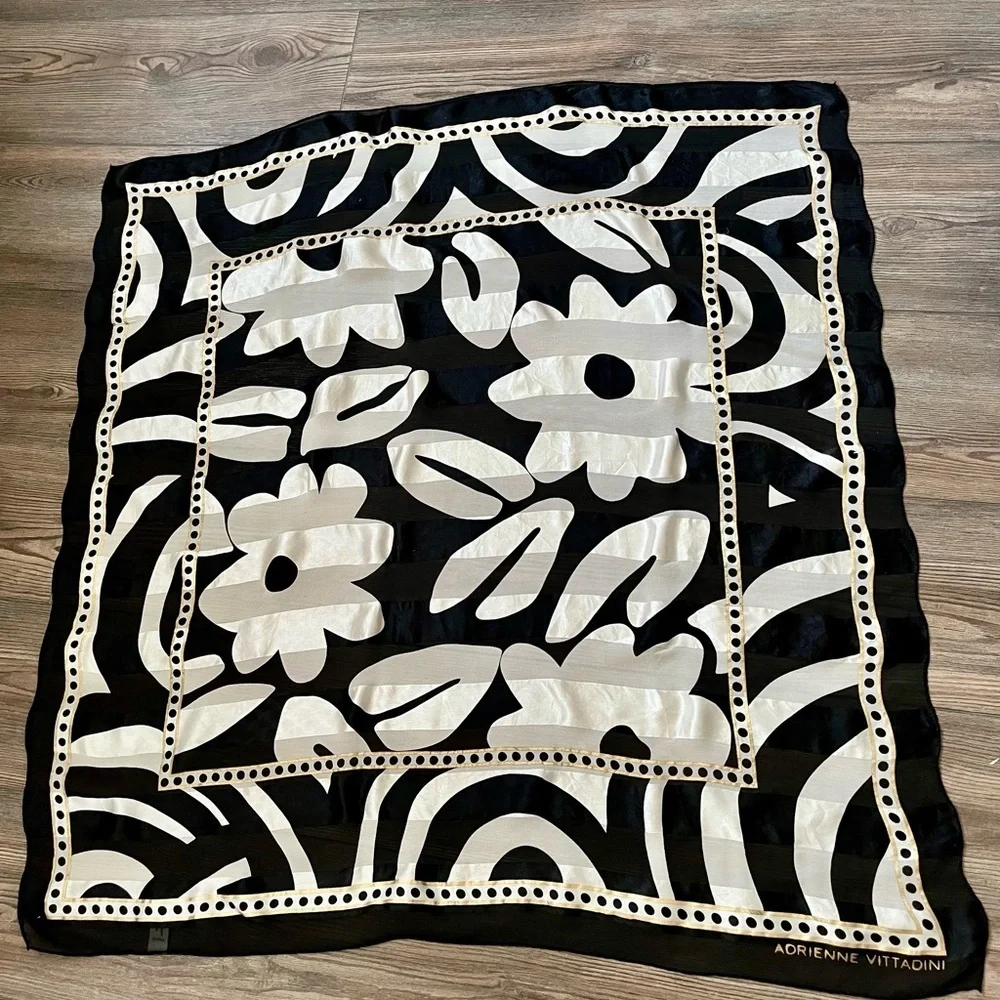 100% silk Adrienne Vittadini Elegant Black and White Scarf 32/33 inch